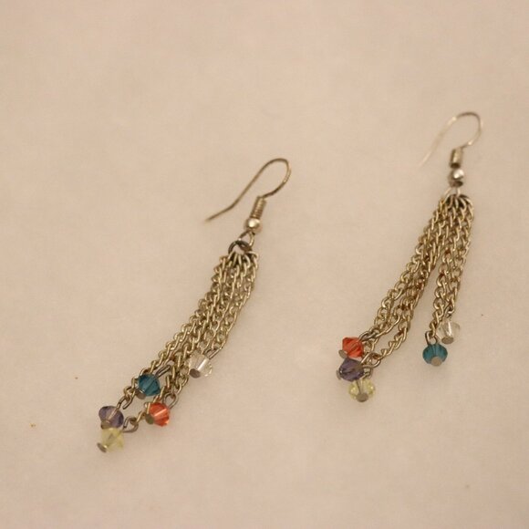 Dangle drop chain link earrings, rainbow colorful fun beads on chain ends - Picture 3 of 7